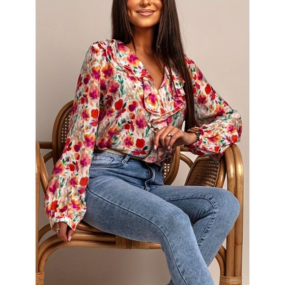 Floral Ruffle V-Neck Long Sleeve Blouse For Women S-XXL Available